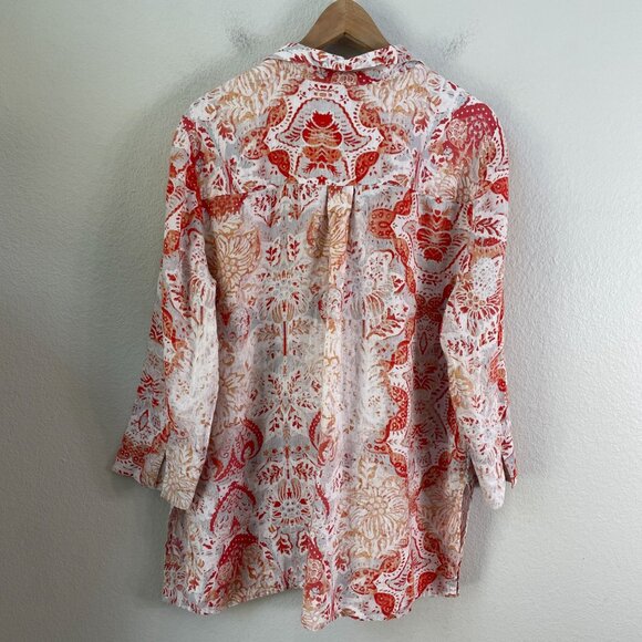 Chicos Womens Large Medallion Print Tunic Top 100% Linen 3/4 Sleeve Shirt Blouse - Picture 12 of 13